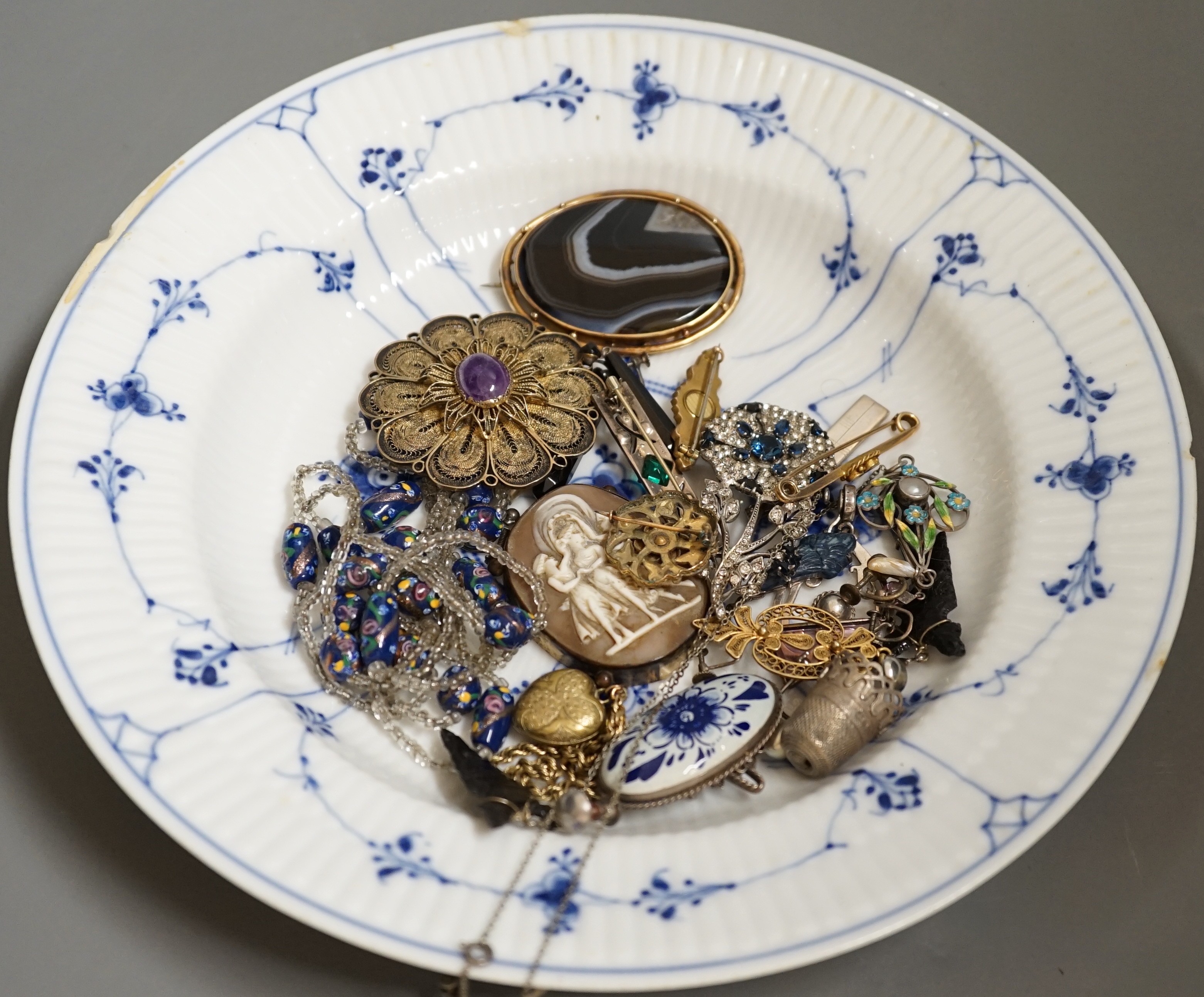 Two early 20th century yellow metal bar brooches, an Art Nouveau style enamelled sterling pendant, a chipped Royal Copenhagen bowl, etc.